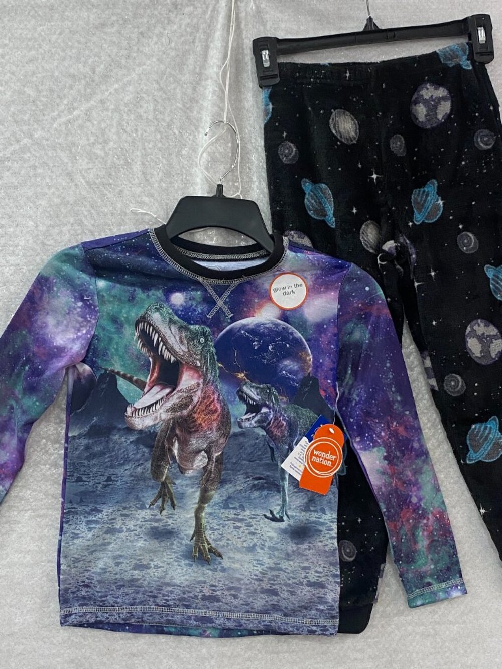 Wonder Nation Dinosaur Galaxy Pajamas 6/7 Kids Knit/Fleece Black Glow in Dark
